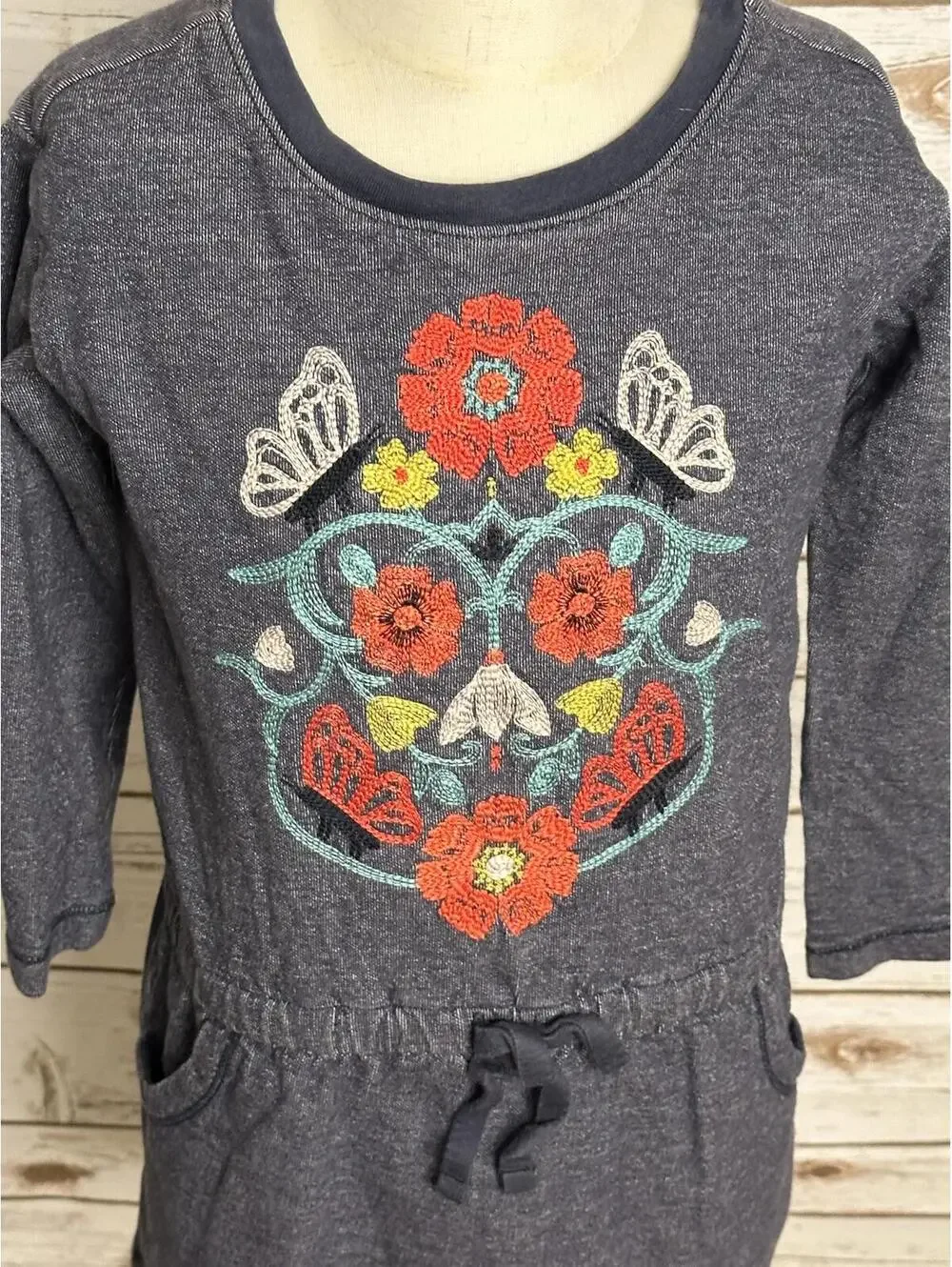 tea Collection chambray blue cotton embroidered floral skull knit tunic dress 5